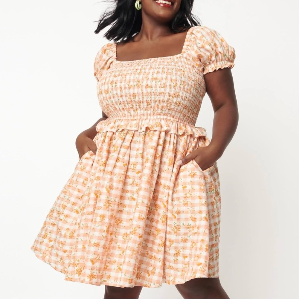 Unique Vintage Peach Floral Gingham Dress